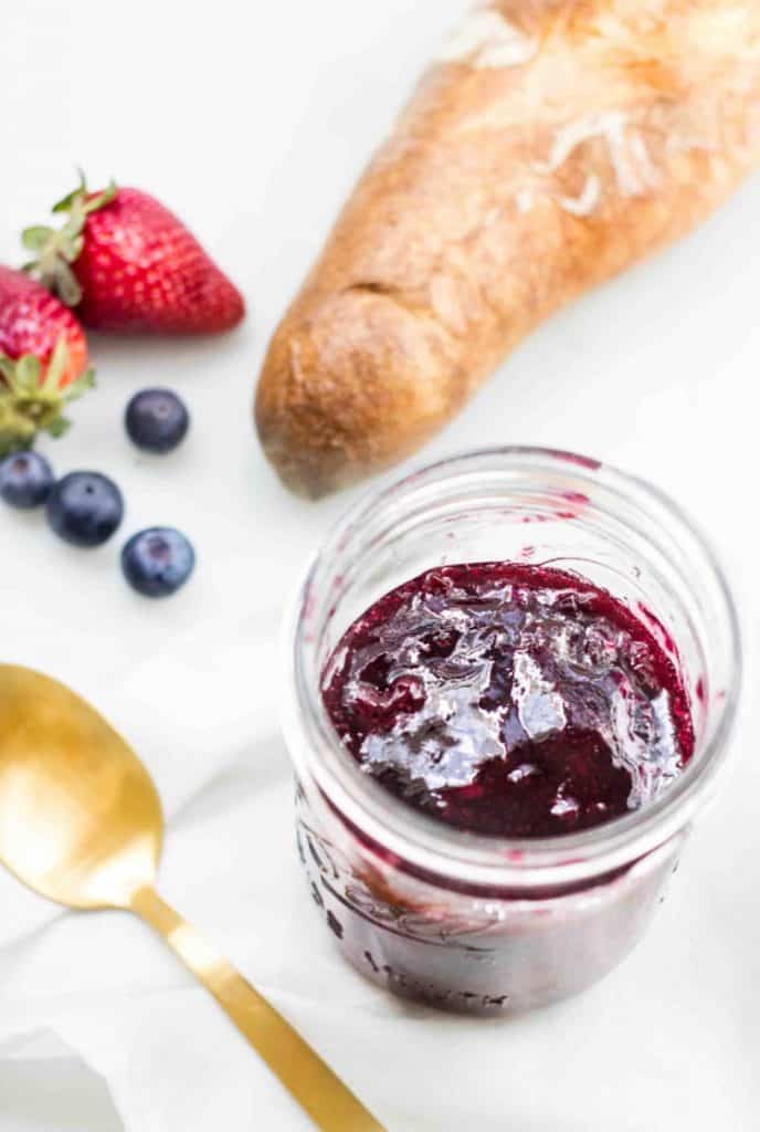 Mixed berry jam in a open jar 