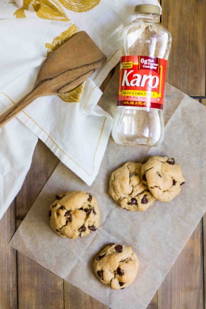 Chewy Peanut Butter Chocolate Chip Cookies made with Karo® Corn Syrup