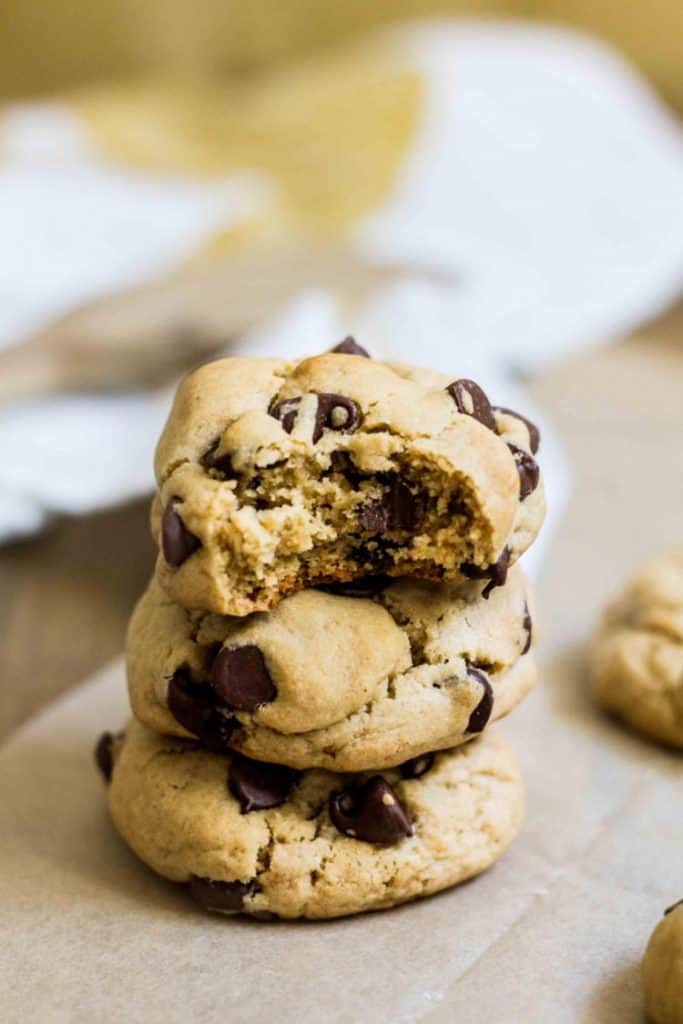 Close-up shot of chewy peanut butter chocolate chip cookie taken a bite out of