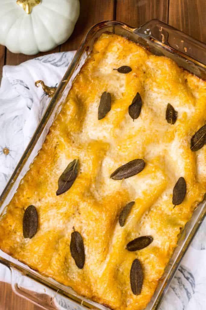 Pumpkin Lasagna Recipe with sage leaves on top