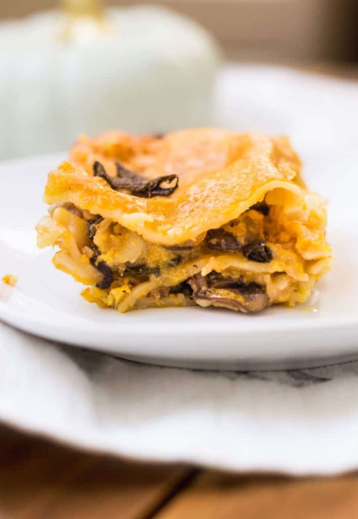 Pumpkin Lasagna with Italian sausage, spinach, and mushrooms