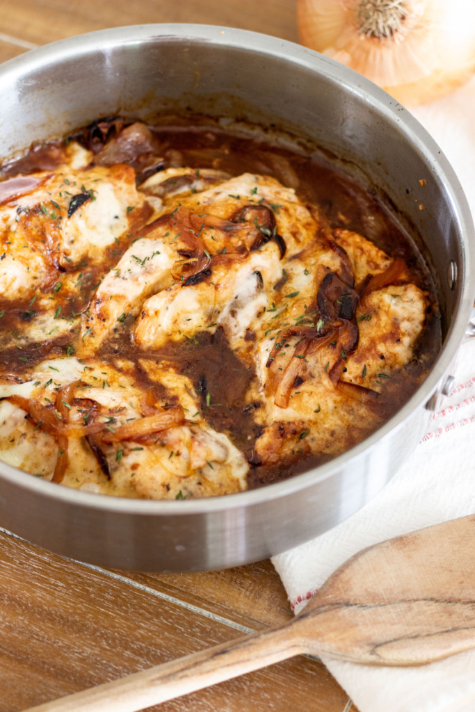 French onion chicken recipe in pan portrait image