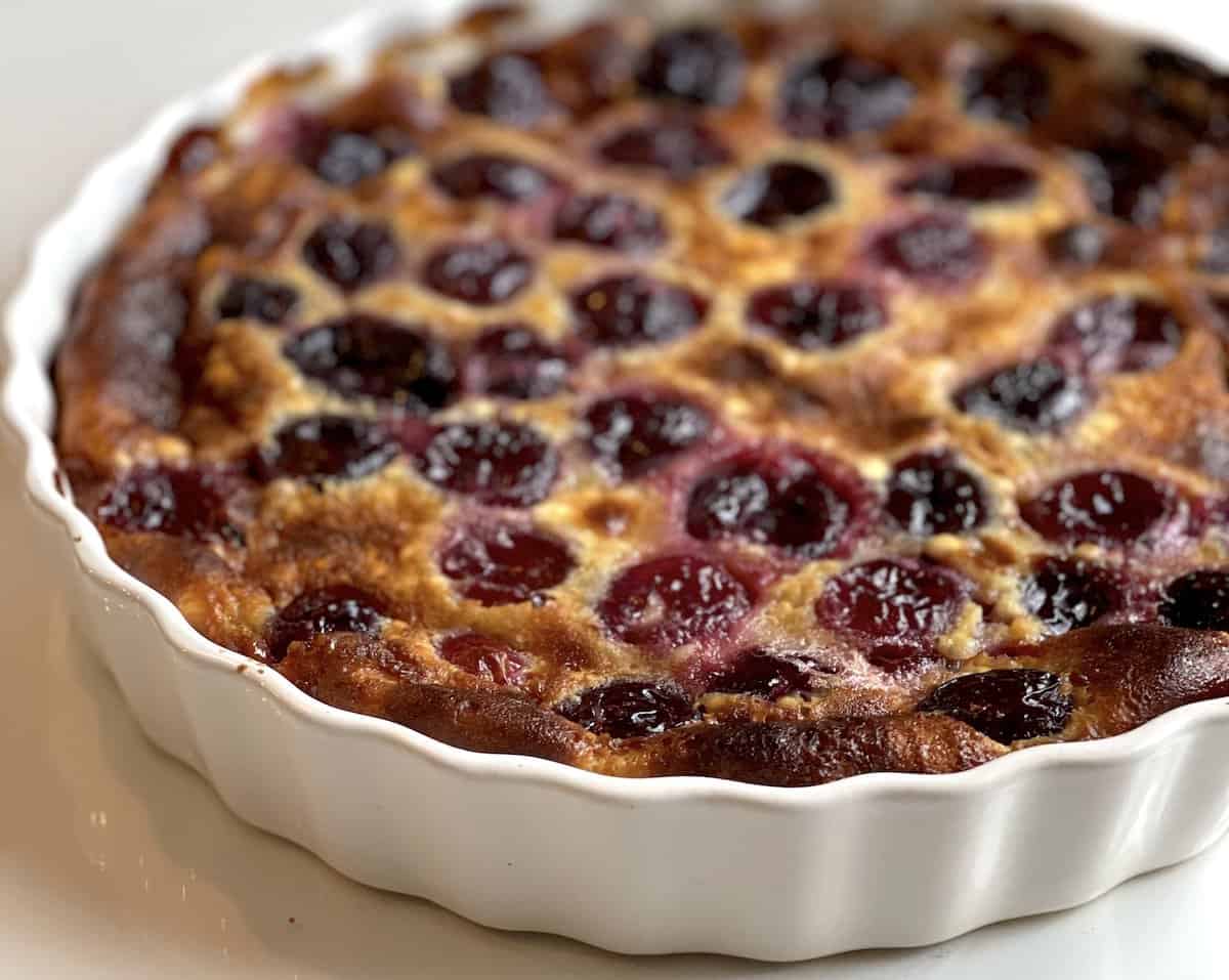 cherry clafoutis recipe in a dish