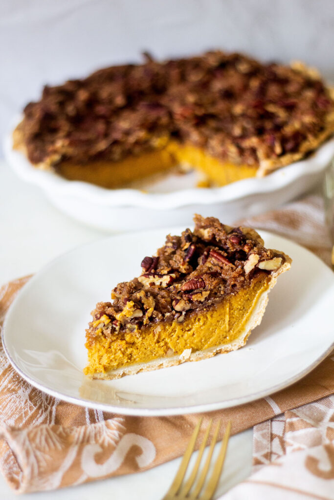 pumpkin pie with pecan topping