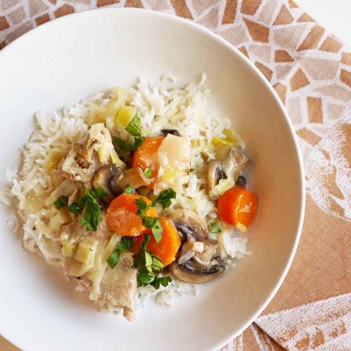 blanquette de veau recipe served over rice