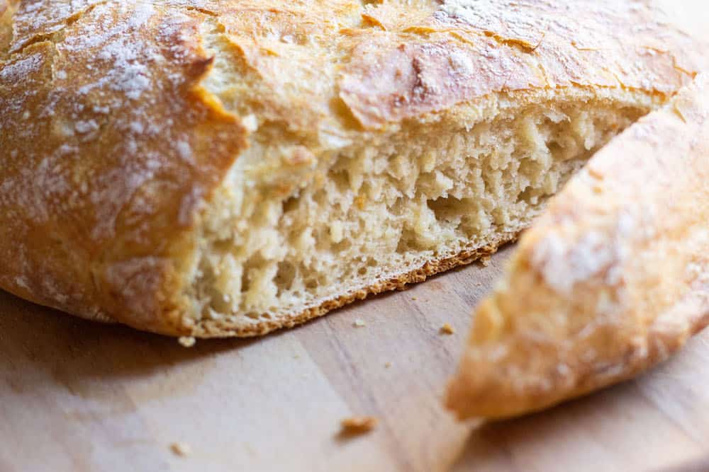 close-up view of no knead dutch oven bread interior