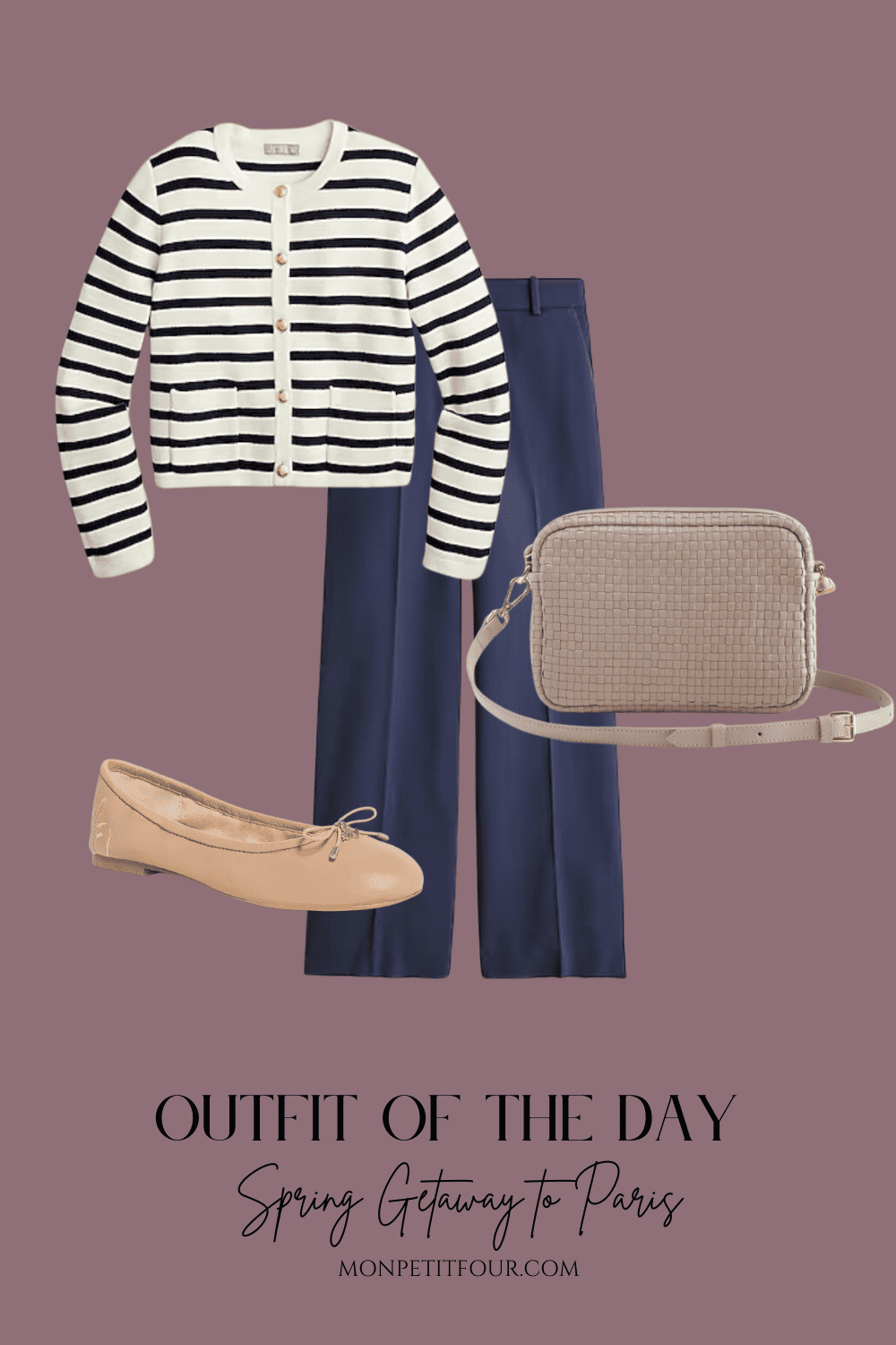 striped cardigan with navy slacks outfit