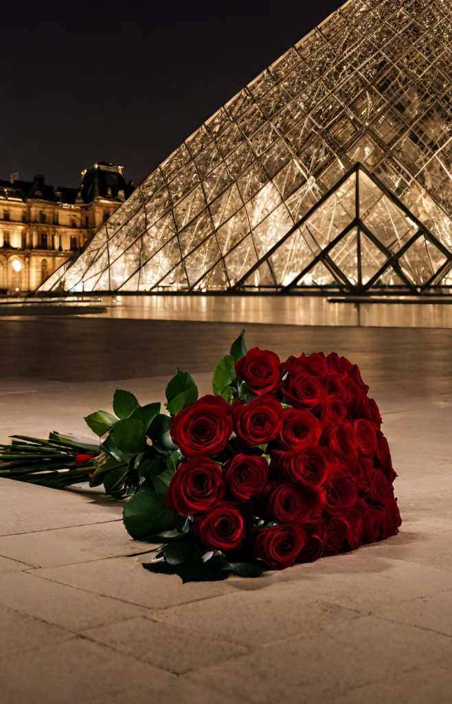louvre at night with roses for valentine's day