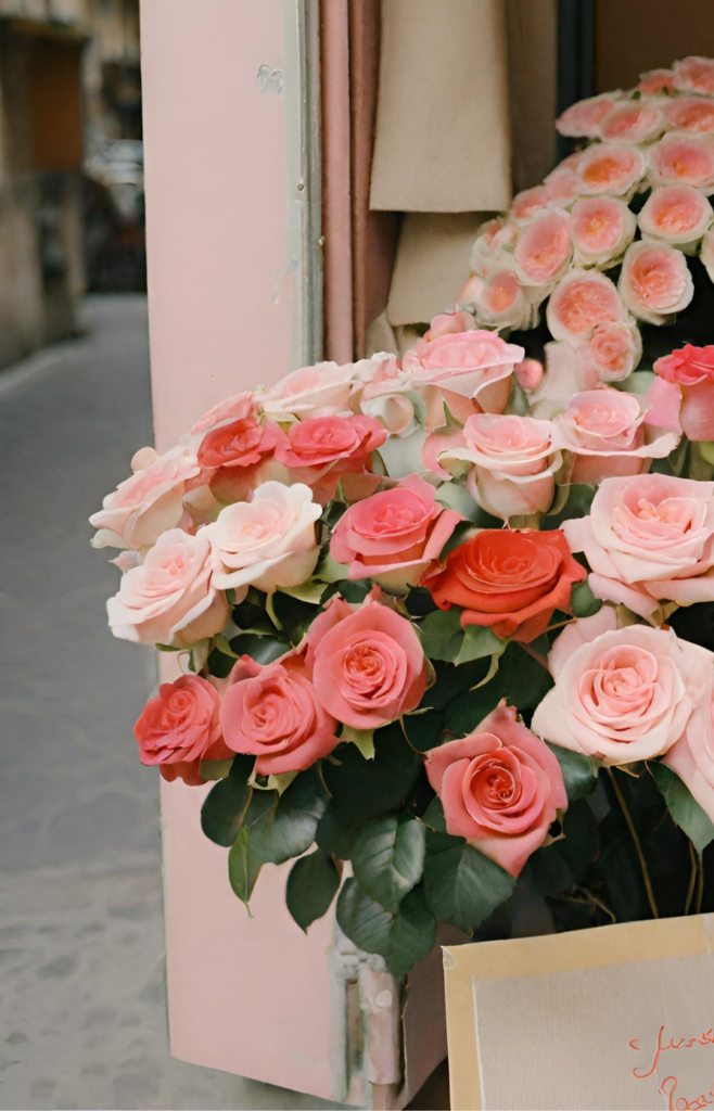 valentine's day in paris with pink and red roses in a paris floral shop