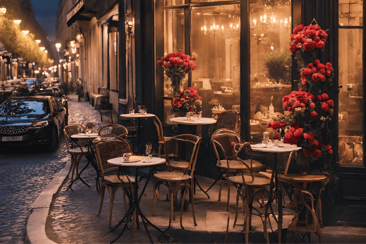 Valentine's Day in Paris image of a cafe with flowers and candles