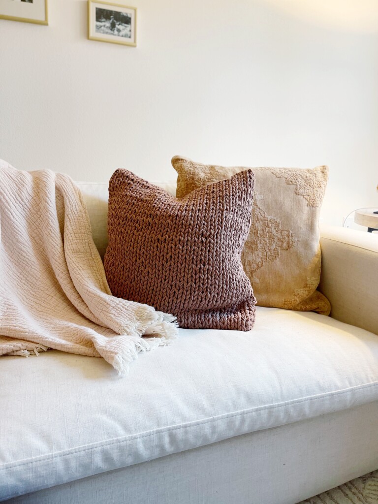cozy pillows and throw on a sofa