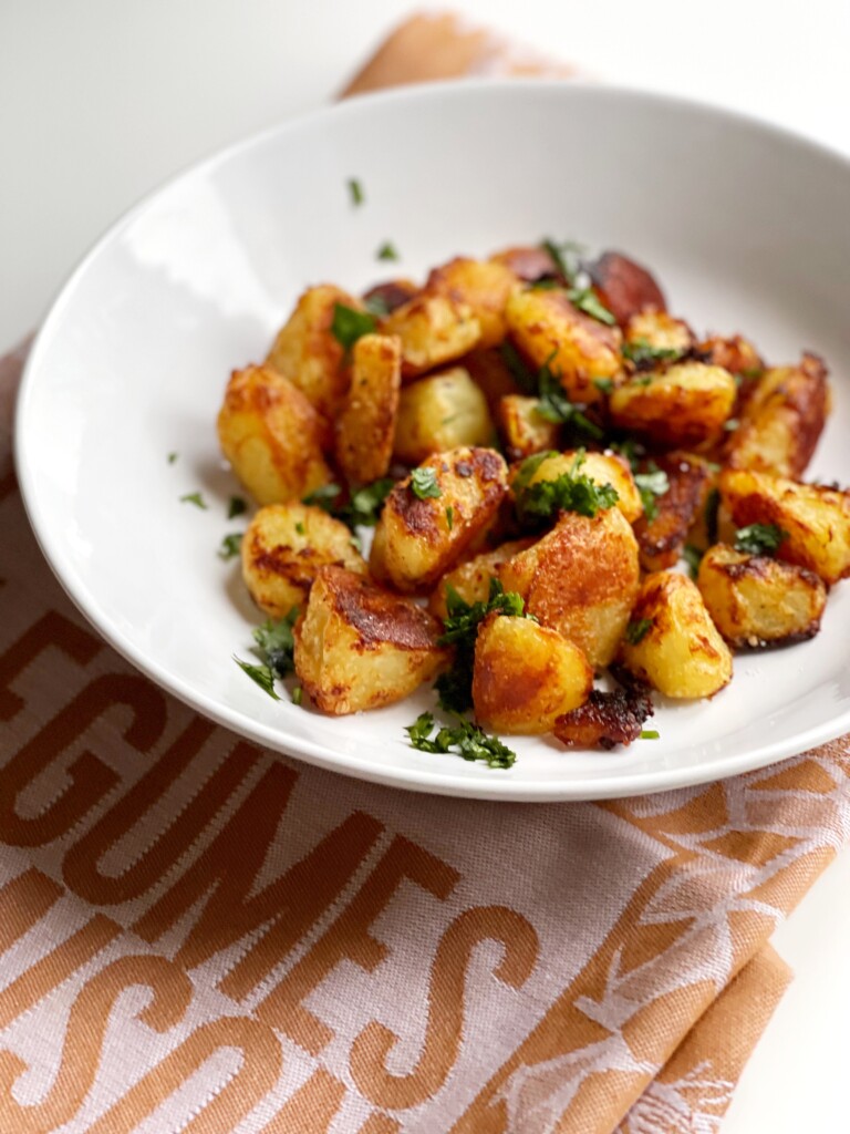 crispy roast potatoes recipe in a bowl