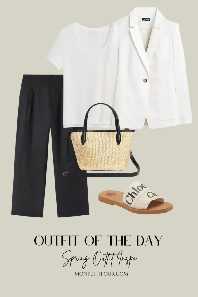 black linen pants with white top, white blazer, straw tote, and chloe sandals