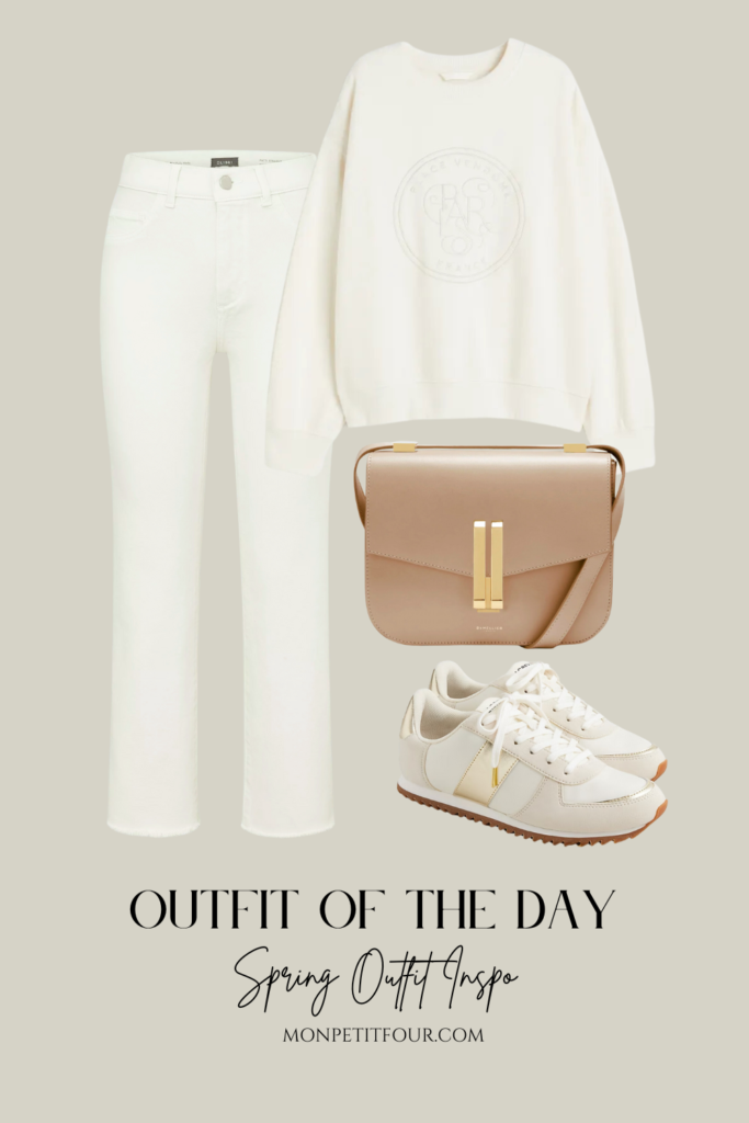 ecru sweater and ecru jeans with nude crossbody bag and sneakers