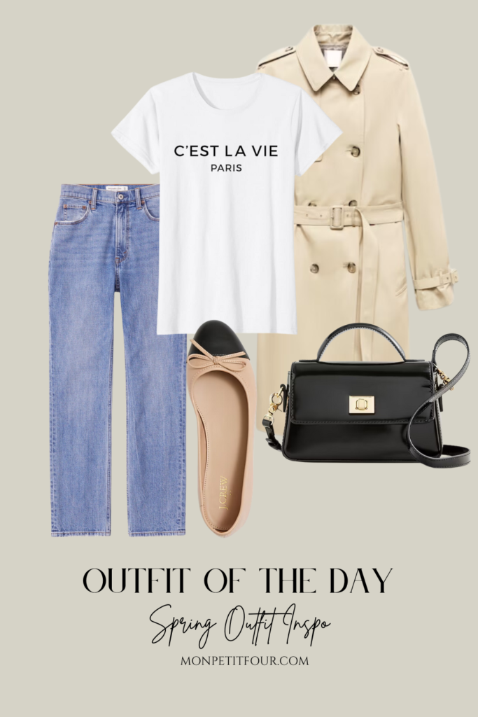 blue jeans with french tee and trench coat and ballet flats