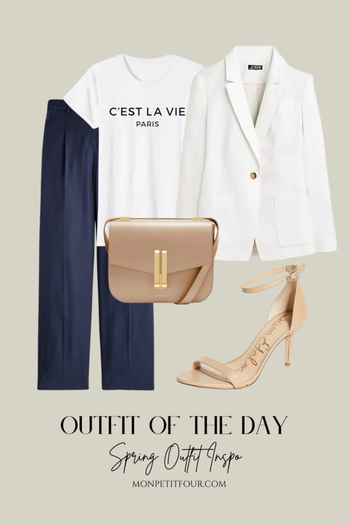 navy slacks with french tee and white blazer with nude heels and crossbody bag