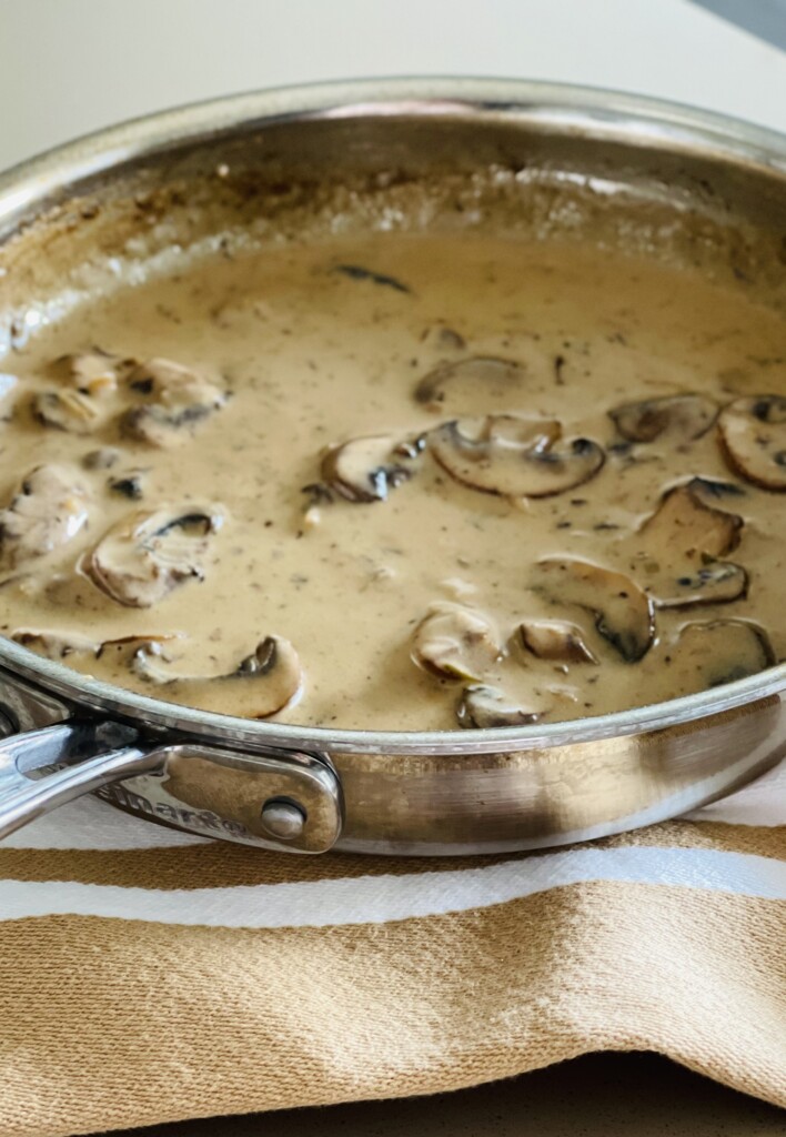 pan with mushroom sauce (sauce forestiere) in it