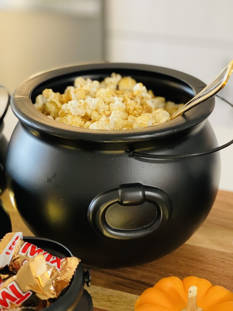 Trader Joe's Maple and Sea Salt Kettle Corn in a large plastic cauldron