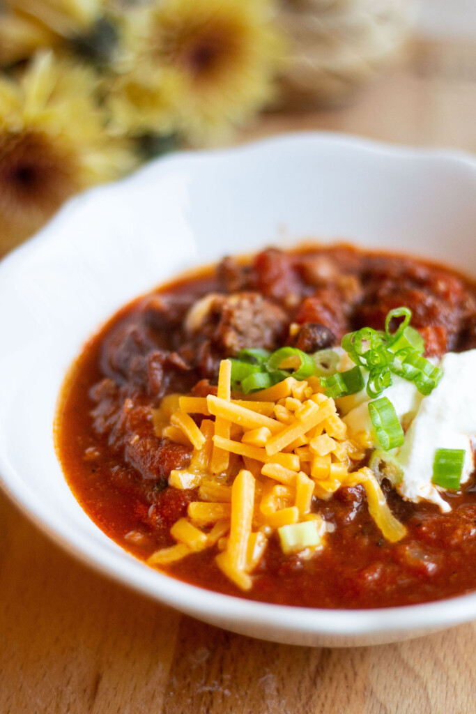 homemade chili in a bowl close-up