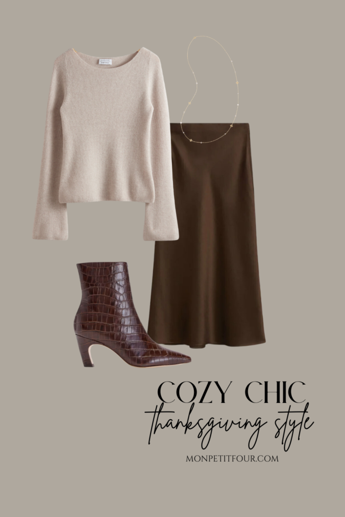 cream sweater with brown silk skirt and brown booties
