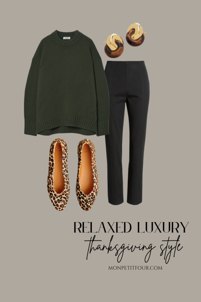oversize sweater, fitted pants, and leopard flats
