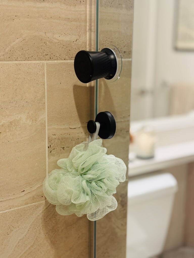 shower organization and bluetooth speakers for spa vibes